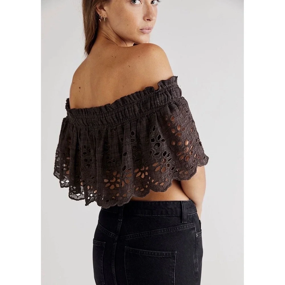 Free People FP One Crop Top Womens Small Brown Excellent Eyelet Off Shoulder‎